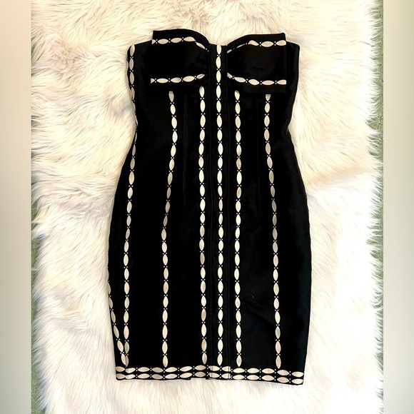 TRACEY REESE New York strapless BOW dress black & tan form fitting sexy medium - Picture 1 of 7